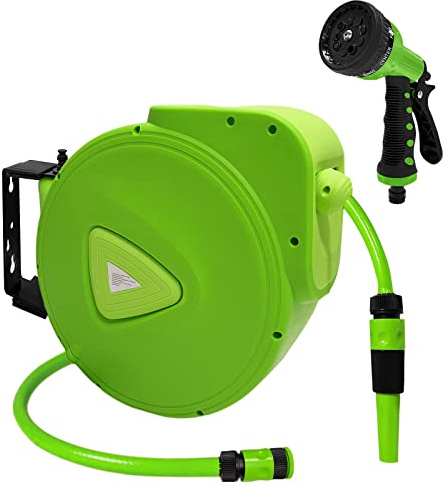 HENGMEI Slangtrumma mobil slang 30 + 2 m slangvinda automatisk slangbox 180° vridbar för bevattning, biltvätt (30 meter med sprutpistol, grön)