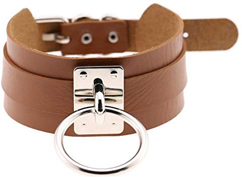 LAIFEKE JNKET Gold Silber Metall Ring Halsband PU Leder Halsband Herren Damen Halskette Umhängeband Punk Hals Accessoires (Silberring-hellbraun)