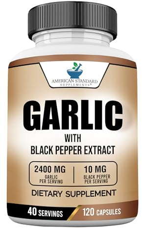 American Standard Supplements Garlic 2400mg Per Serving with Black Pepper Fruit Extract – Vegan, Gluten Free, Non-GMO, 120 Capsules, 40 Servings