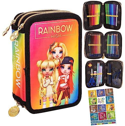 Goldkids Federtasche 3-fache Federmappe Rainbow High Golden Style Motiv Federmäppchen 46-teilig gefüllte Schüleretui Stifte und Pinsel inkl. Aufgabenheft Federbox Etui Schul-Etui