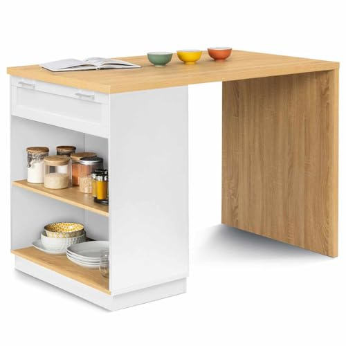 IDMarket - Isla Central Mesa Alta 4 Personas VITO 130 cm Blanco y Encimera de Madera