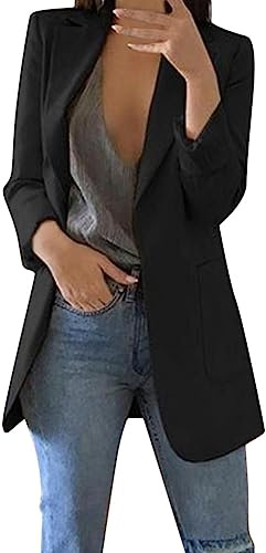 L9WEI Blazer con solapa para mujer, elegante, traje de negocios, informal, monocolor, otoño e invierno, abrigo de manga larga, chaqueta de traje, Negro , L
