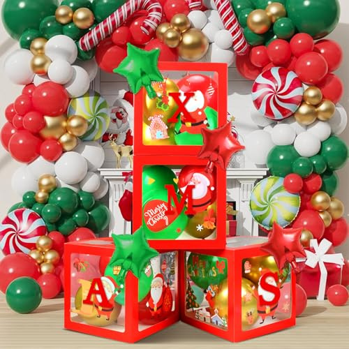 Christmas Decorations Balloons Boxes, 4PCS Red Transparent Boxes with Balloons, 9 Sheets XMAS Window Stickers for Home Decor Backdrop Baby Shower Christmas Party Decorations