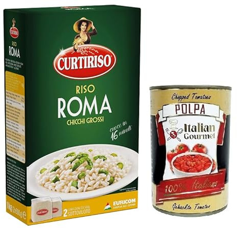 Curtiriso Riso Roma, 100 % riz italien, idéal pour les risottos doux, riz avec sauce et timbales Temps de cuisson 16 minutes, paquet de 1 kg + boîte italienne Gourmet Polpa di Pomodoro 400 g