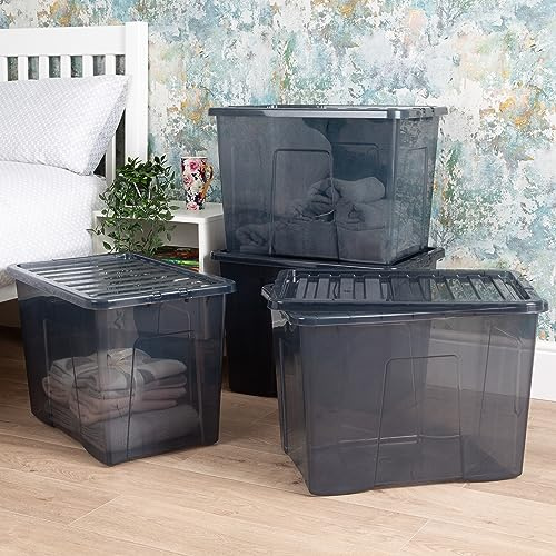 Wham Crystal 4x 80L Plastic Storage Boxes with Lids Tint Smoke (Black). Large Size, Strong (Pack of 4, 80 Litre). Made in the UK