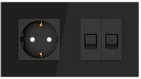 PULSAR Steckdose mit Telefondose und Netzwerkdose 2 Fach Glas Schwarz, 8P8C RJ45 Dose mit Telefonbuchse und Schuko Steckdose Unterputz, CAT5E Ethernet LAN Dose Datendose Anschlussdose