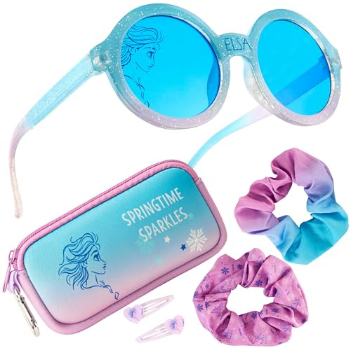 Disney Occhiali da Sole Bambina Protezione UV con Borsette e Accessori Capelli Set - Regalo per Ragazze (Blu Elsa)