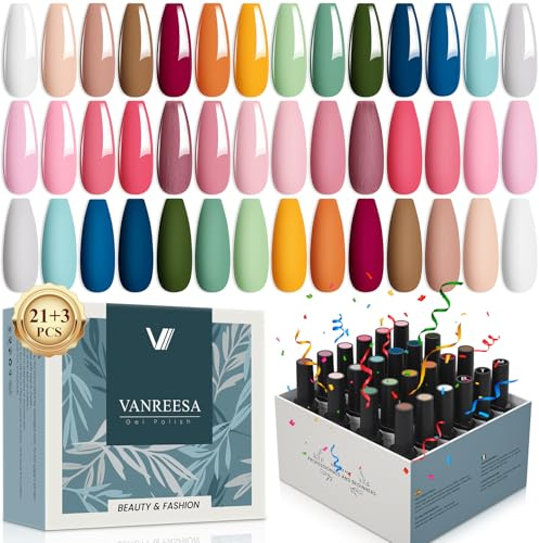 VANREESA 24 PCS Gel Nail Polish Set 21 Colours Gel Polish Set Pink Purple Nude Green Blue UV Nail Kit with Base Top Coat Nail Varnish Kit Gifts for Women