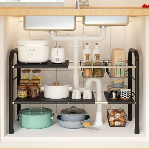 KOSIWU Expandable Under Sink Organizer, 2 Tier Under Sink Shelf with 2 Removable Baskets and 6 Removable Panels for Cabinet Sink Cloakroom Wardrobe Closet Storage(Black, 17.71”-32”Length