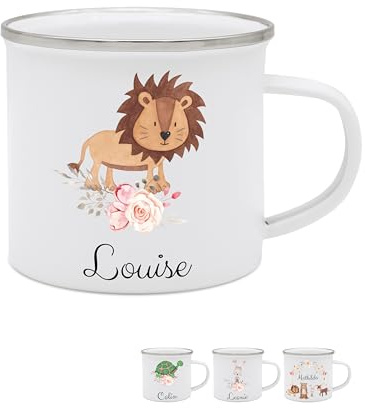 wunderwunsch - Personalisierte Emaille-Tasse für Mädchen - Schulanfang Geschenk, Kindergarten (Löwe Blumen)