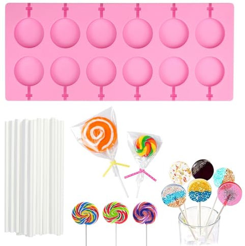 Moldes de Piruletas Silicona, 12 Mold Forma Redonda Silicona Lollipop con 20 Palitos Caramelo, Antiadherentes Fáciles de Desmoldar Molde Lollipop Silicón para Tartas, Caramelos, Gelatinas y Chocolate