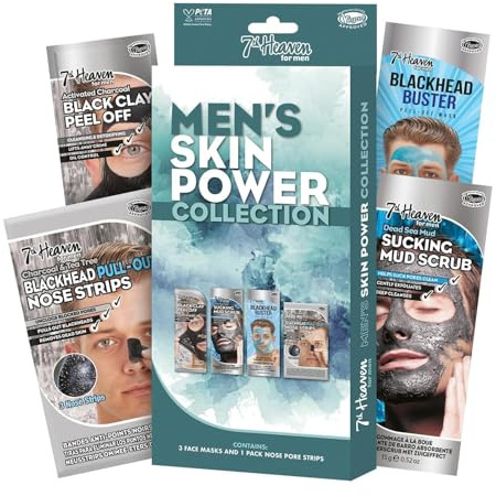 7th Heaven Herren Skin Power Gesichtsmasken Set (3 Tiefenreinigende Masken & Nasenstrips) – Schlamm-, Ton- & Peel-Off-Masken – Echte 7th Heaven Hautpflege für Männer