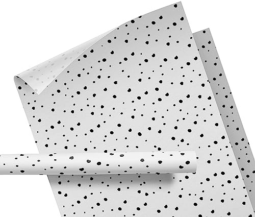 Seidenpapier weiß mit Punkten – Verpackungs- oder Füllmaterial – für Kleidung, Kerzen, Schmuck – Packseide mit Muster schwarze Pünktchen – auf Rolle – 47 cm breit – 10 Meter lang