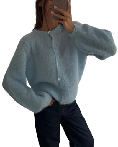 Damen-Strickjacke, Rundhalsausschnitt, Mohair, lässig, einfarbig, Knopfleiste, langärmelig, Strickwaren, blau, Einheitsgröße
