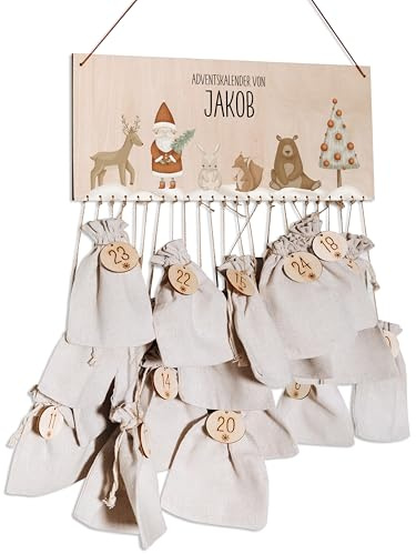 Bärenfreunde® - Personalisierter Adventskalender zum selber befüllen - mit kinderfreundlichem Druck auf Holz - mit Juteschnur Jutesäckchen und Holzzahlen (Weimann Wintertiere)