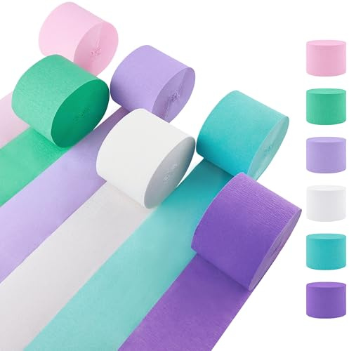Oun Nana Crepe Paper Streamers 2.2 x 123 Ft Per Roll, Pastel Streamers Party Supplies for Mermaid Princess Birthday Party Baby Shower Wedding Backdrops Decorations, Pink, Green, Blue, White, Purple