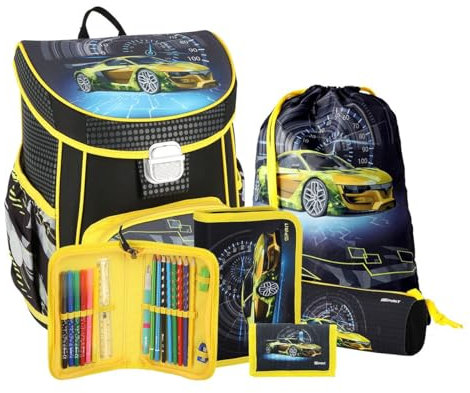 itenga Grundschul Ranzen Set - Schulranzen Set 5 teilig für Jungen und Mädchen mit Mäppchen Faulenzer Turnbeutel Brustbeutel (Racer)
