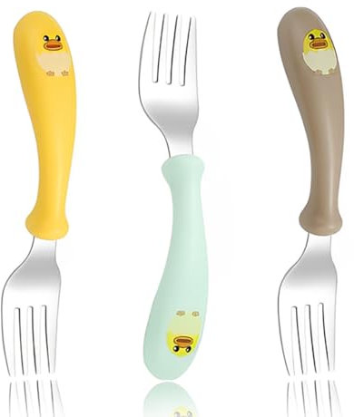 JEYORZY 3 Set Ensemble de Couverts pour Bébé, Couverts Enfant, Couverts Bébé Apprentissage, Bébé Toddler Ustensiles en Acier Inoxydable Silicone Fourchette pour Bébé Toddler Pour Tout-petit(Caneton)