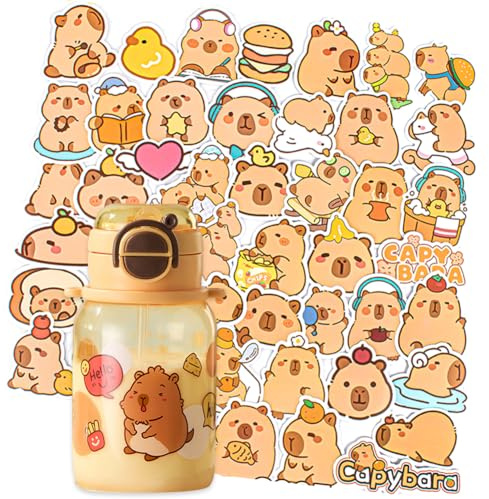 SYTTNUM 600ml Capybara Summer Mug, Bouteille D' Capybara De Dessin Animé, Bouteille d'eau pour Enfant avec Paille, Grande Capacité, Adaptée à l'École et à l'Extérieur, Avec Autocollants DIY