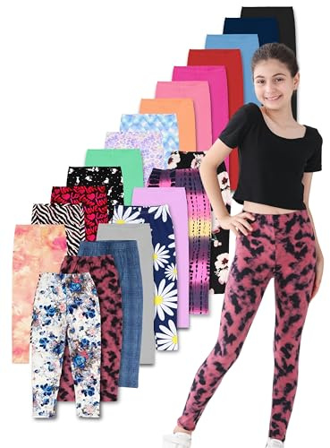 SOFTMILK Elastiskt midjeband leggings för flickor, 6-pack rulle midja leggings för barn flickor solid/tryckta byxor, 6-pack-slumpmässig, 10 - 11 år