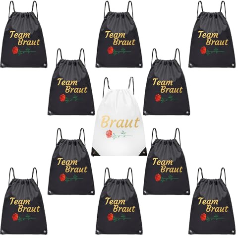 LUKIUP 11 Stück Team Bride Kordelzug Turnbeutel Set, JGA Junggesellenabschied Sporttaschen Set, Team Bride Tasche mit Kordelzug für Verlobung JGA Hochzeit Braut Party