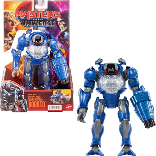 Masters of the Universe Figura de acción Combat Ready Roboto, movimiento de giro y disparo rápido, 14 cm con Blaster, juguete héroe fiel a la película de 2026