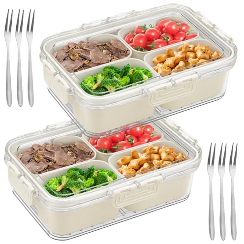 2 Stück Snackbox mit Fächern, Snackteller mit Deckel und 6 Edelstahl Gabeln, Wiederverwendbar Tragbar Snackdose, Frischhaltebox und Snack Tablett für Kühlschrank Obst SüßIgkeiten Keksen GemüSe Nüsse