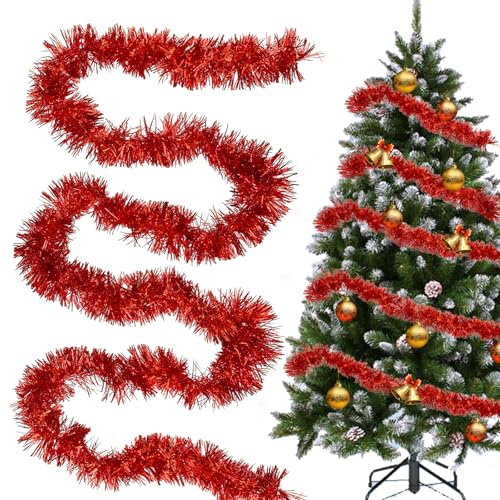 Weihnachtsbaum Girlande Rot, 4 X 3M Weihnachten Lametta Girlande, Weihnachtsbaumschmuck Glitter Hängende Ornamente, Weihnachtsdeko Girlan-de für Weihnachtsbaum Innen Aussen Treppe Tür