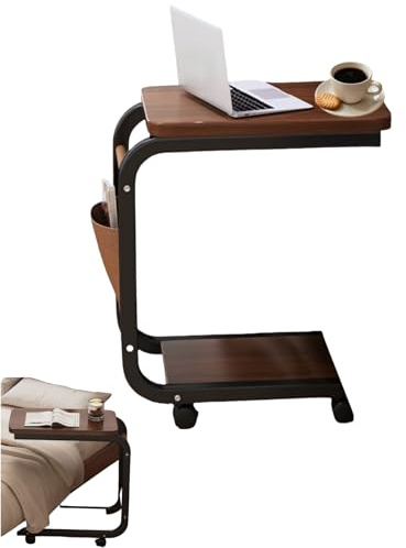 Mornly Mesita de noche en forma de C con 4 ruedas (2 frenables) – Mesa de centro con 2 niveles y compartimento lateral, móvil y ahorra espacio, en aspecto de nogal