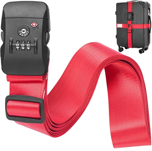 BlueCosto - Cinghia per Bagagli con Lucchetto TSA - Regolabile da 2,2 a 4 m, Rosso Brillante - Cintura di Sicurezza per Valigia Approvata TSA con Serratura a Combinazione a 3 Cifre