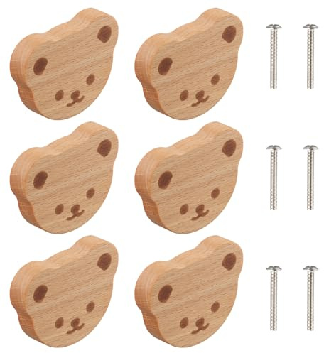 Gudalea Holz Schrankknöpfe, 6PCS Schrankknöpfe Tier Holz Design, Möbelknöpfe Schubladenknopf mit Schrauben, Schublade Griffe für Kommoden Haus Küche Schlafzimmer Kleiderschrank