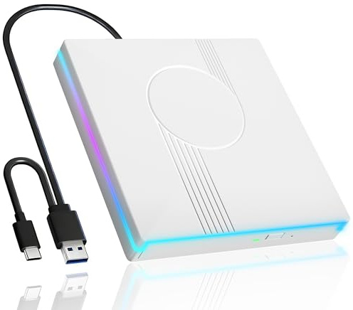 Wbacon Lecteur CD/DVD externe RVB pour ordinateur portable, lecteur CD externe USB 3.0 de type C, lecteur DVD portable, graveur de CD +/-RW, lecteur externe fin CD ROM pour ordinateur portable, PC