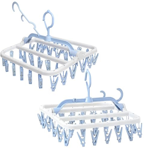 Tel Charme * 2 Pack Clothes Socks Drying Hanger with 32 Peg Clips Foldable Hanger Hangers Drip Hanger Plastic, Sock Dryer with Pegs for Washing Line, Wind-Proof Hook Underwear Hanger for Socks Bras