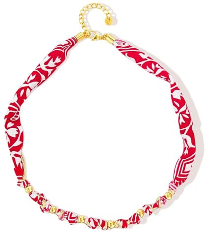 BelleFlair Red Bandana Choker Necklace, Silk Neck Scarf for Women with Gold Beads, Adjustable Fabric Neckerchief, Bohemian Summer Jewelry, Colorful Woman Tie-On Scarf Accessory