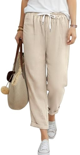 CMTOP Pantaloni Donna Estivi Leggeri Pantalone 7/8 Cotone Larghi Pantaloni Elastici in Vita Eleganti Comodi Pantaloni da Spiaggia Colore Solido Gamba Dritta Pantalonicon con Tasche (Kaki, S)
