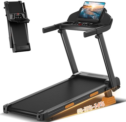 UMAY Tapis de Course Pliable 14KM/H,Tapis Roulant Electrique Pliable 3.0HP/2200W avec Moniteur de Fréquence Cardiaque,APP et Haut-Parleur,Tapis de Marche Silencieux avec 12 Programmes, 136KG