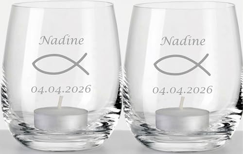 Personalisiertes Teelicht mit Fisch-Gravur I 2er-Set zur Konfirmation - Firmung - Kommunion - Jugendweihe I Windlicht mit Namen & Datum