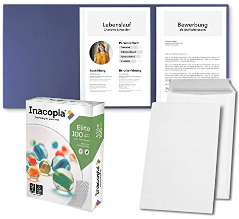 Bewerbungsset // 10 Stück 3-teilige Bewerbungsmappen Blau + 250 Blatt 100 g/m² Premium Bewerbungspapier + 10 Stück B4 Versandtaschen in Weiß - Das ultimative Bewerbungsmappen-Bundle - All inkl.