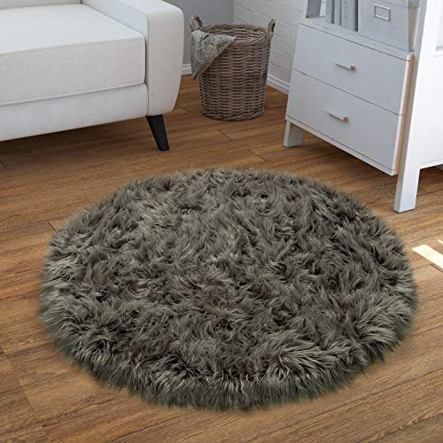 Paco Home Kunstfell Fellteppich Imitat Sitzkissen Herzform Rund Versch. Formen Dunkelgrau, Grösse:45 cm Rund