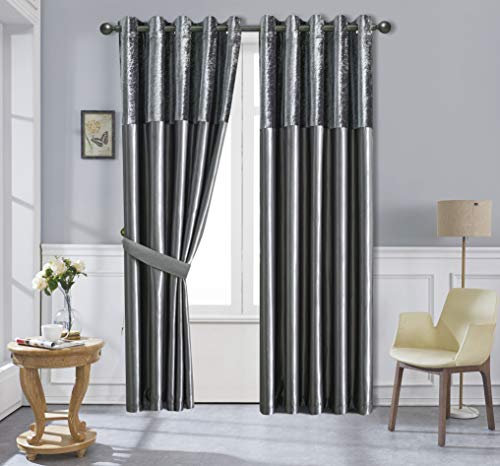 ZIMEL HOMES Crushed Velvet Band Silk Curtains (Pair) 6 wide coloured curtain choices -8 sizes-Fully Lined-Eyelet Ring Top Curtains-Faux Silk band top curtain pair with crushed velvet fabric base.