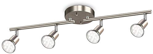 Ascher 4-Light LED Track Lighting Kit, Flexibly Rotatable Light Heads, 4 Way Ceiling Spotlight Matt Nickel Finish, Including 4 GU10 LED Bulbs (4W 400LM Daylight White 5000K)