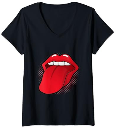 Damen Zunge Raus Rote Lippen Kussmund Lippenstift Küssen Lecken T-Shirt mit V-Ausschnitt