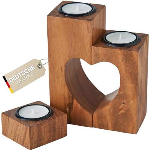 Plogis Herz Teelichthalter Holz - 3er Set aus 15cm Akazie - Kerze Jahrestag Geschenk für Sie - Holzherz Deko Geschenke für Mama Freundin Hochzeit - Holz Herz Liebesgeschenke für Frauen