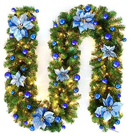 Bseical Weihnachtsgirlande mit Beleuchtung Außen, Weihnachtskranz Künstlich Tannengirlande, Girlande Weihnachten mit LED Lichterkette, Weihnachtsdeko Fenster Haustür Garten Balkon 2.7m (Blau)