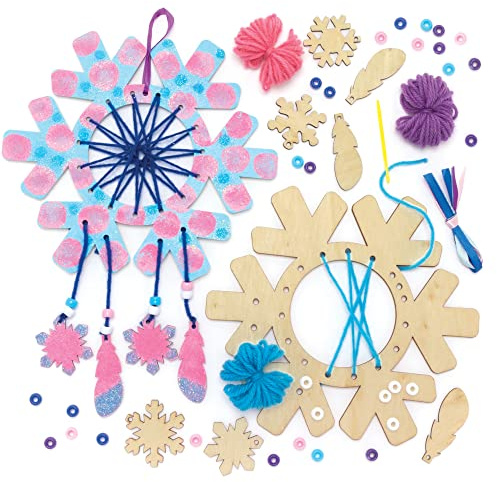 Baker Ross FE894 Schneeflocken-Traumfänger-Bastelsets aus Holz, 4 Stück, Set zum Selbermachen von Traumfänger-Karten, Weihnachts-Kunst und Basteln von Dekorationen für Kinder