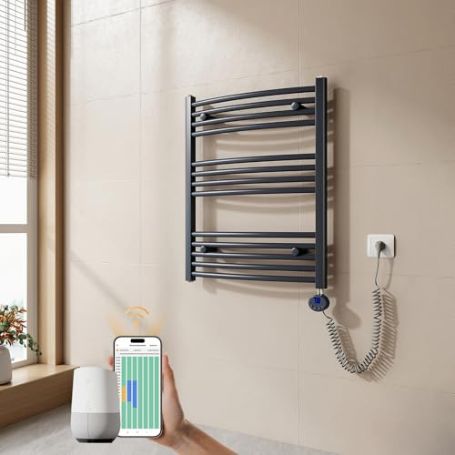 EMKE Radiatore da Bagno, 75 x 60cm, 300W, Scaldasalviette con WIFI Termostato, Curvo, Antracite colore, Termoarredo Asciugamani da Bagno
