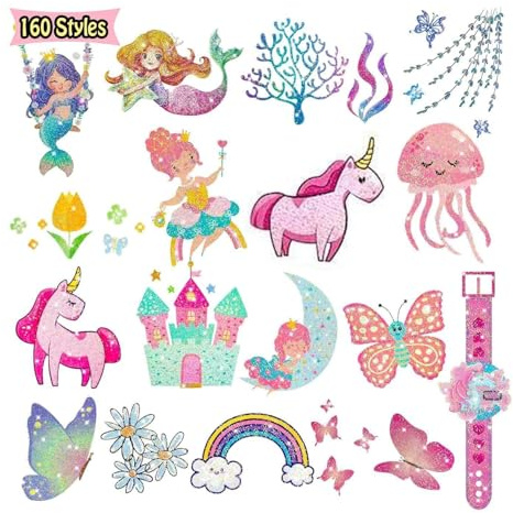 Leesgel Glitzertattoos Kinder Set, 160 Tattoos für Kinder Schultüte Mädchen | Hautfreundlich Wasserfest, Glitzer-Effekt, Schultüte Füllung, Mädchen Geschenk, Geschenke Mädchen 5-9 Jahre, Mitgebsel