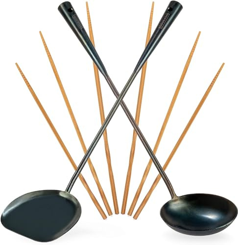 YOSUKATA Wok Spatula and Ladle 43 cm and 3 Pairs of Chopsticks- Pre-Seasoned Blue Carbon Steel Utensils Set - Durable Wok Accessories - Traditional Asian Cooking Tools