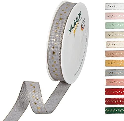 Halbach Weihnachtsband mit Sternen, 15 mm x 18 m, grau/gold | Waschbares Schleifenband in Baumwolloptik, Made in Germany, zum Verpacken und Dekorieren von Weihnachtsgeschenken