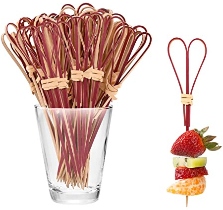 Bekecidi Palitos de Cóctel de Bambú, 100 Púas de Alimentos, Brochetas de Nudo de Bambú Natural, Palitos de Frutas, Palitos de Comida para aperitivos, Bebidas, Suministros para Fiestas 12 cm (Rojo)